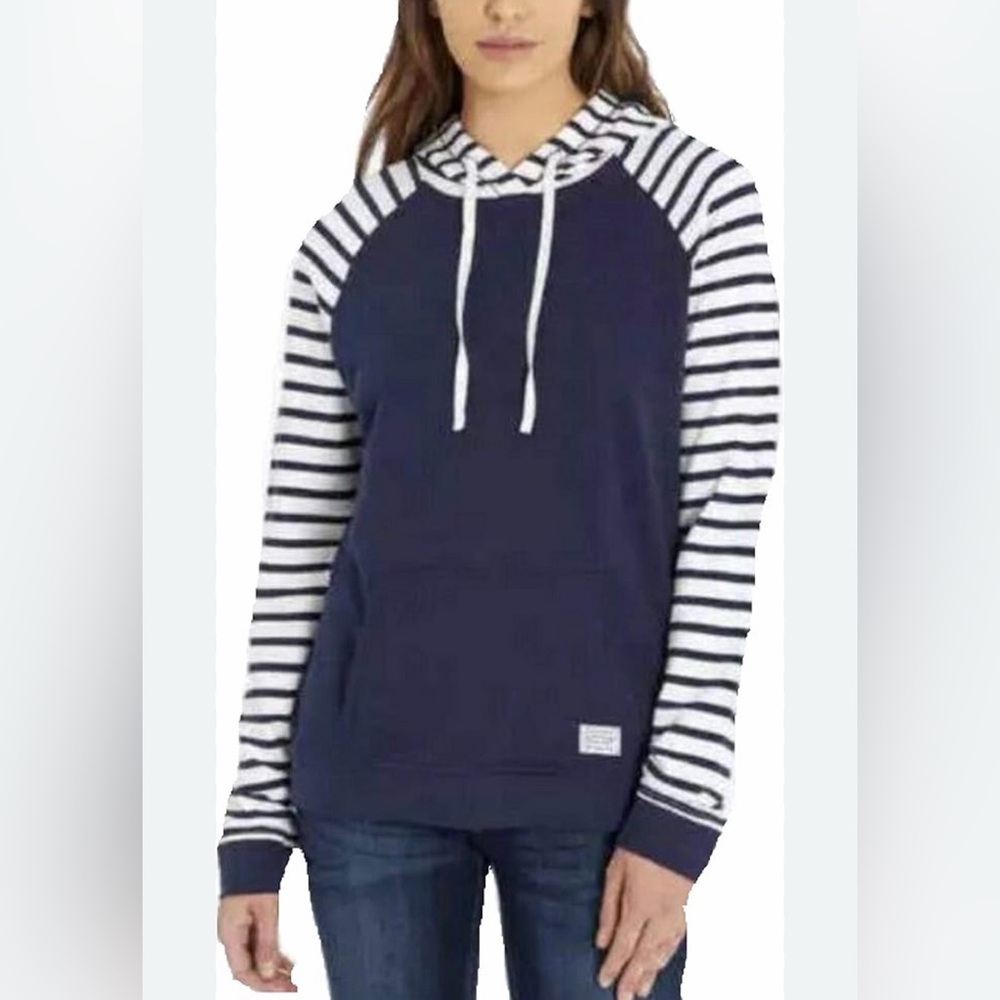 Orvis Women's Cozy Hooded‎ Terrycloth Pullover Navy & White Size Medium